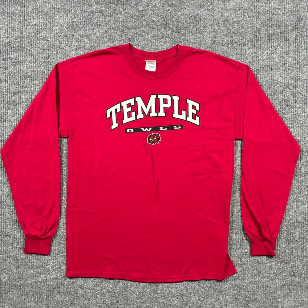Temple Owls Mens T Shirt L Red Long Sleeve NCAA Graphic Gildan Ultra Cotton
